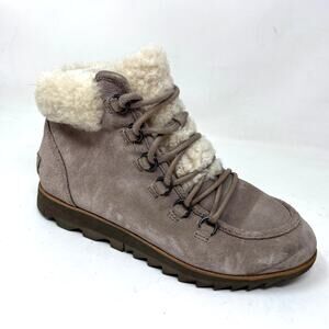 Sorel Harlow Lace Ankle Boot Womens Size 7 Beige Suede Shearling Lined Bootie
